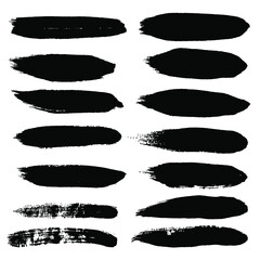 black brush strokes set backgrounds. Artistic lines grunge collection. Set of black grungy hand painted brush strokes isolated on white. Abstract ink texture, design elements.