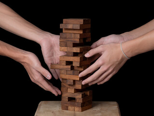 Male hand playing wooden blocks tower game on black background,Stack balancing toy