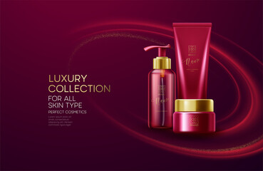 Cosmetics products with luxury collection composition on red wave background with golden glitter dust. Vector illustration