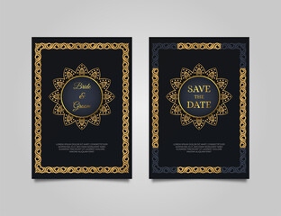 Luxury wedding invitation card design. Wedding invitation set with elegant black background. Cool invitation template with golden mandala ornament
