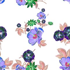 Seamless pattern with spring flowers and leaves. Hand drawn background. Flower pattern for wallpaper or fabric. Flower rose.