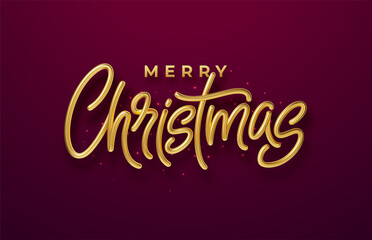 Realistic shiny 3D golden inscription Merry Christmas on a with red background. Vector illustration