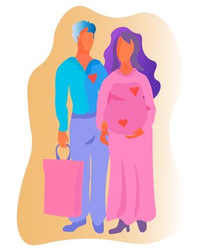 Pregnant Mother and her Man. Couple Waiting a Baby,  pregnancy shopping love flat illustration stock