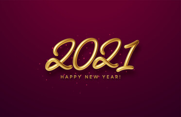 Realistic shiny 3D golden inscription 2021 happy new year on a with red background. Vector illustration
