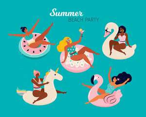 Happy women at a summer beach party. People swim in the pool or in the sea on the inflatable floats, flamingos, Swan, donut, unicorn and a watermelon. Pool Party doodle set. Hand drawn illustration.