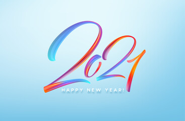 Colorful Brushstroke paint lettering calligraphy of 2021 Happy New Year background. Vector illustration