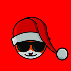 the cute cat cartoon christmas with santa claus cap logo design