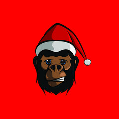 the monkey gorilla cartoon christmas with santa claus cap logo design