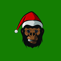 the monkey gorilla cartoon christmas with santa claus cap logo design