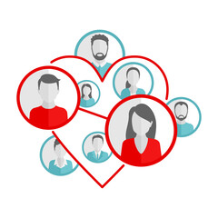 Meeting website or dating service logo concept  - couple of people connected to each other by line inside the heart shape and other people avatars around - vextor isolated emblem