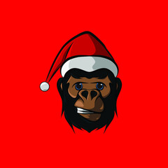 the monkey gorilla cartoon christmas with santa claus cap logo design