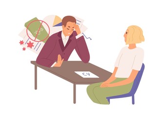 Male employer failure of work to female during global crisis vector flat illustration. Hopeless woman applicant trying to find job isolated on white. Businessman rejected resume at interview