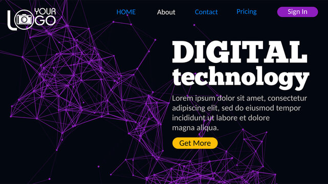 Digital technology landing page with plexus elements. Geometric design with lines, dots and triangles on dark background. Futuristic digital web design with UI UX elements. Colorful abstract