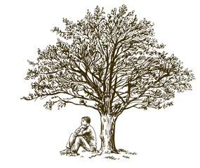 Man sitting under tree. Hand drawn illustration.