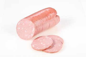 Tasty meat sausages over white background