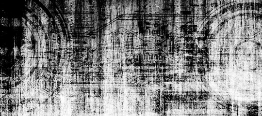 Abstract grunge futuristic cyber technology panoramic background. Drawing on old grungy surface