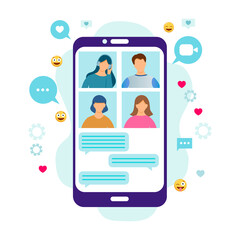 Video Conference on smartphone screen. Smartphone screen during a video call, people's faces, messages. Vector concept on a white background