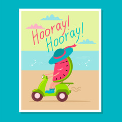 Obraz na płótnie Canvas Vintage summer poster. Funny watermelon rides a scooter along the sea coast. For children's room design, food and beverage packaging.