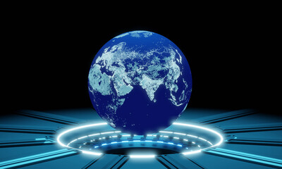 Glowing blue power charging dock, metal surface. Blue globe floating above the power charging dock. Science fiction Concept to add energy to the world. 3D Rendering