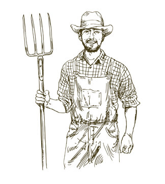 Farmer with fork. Hand drawn illustration.