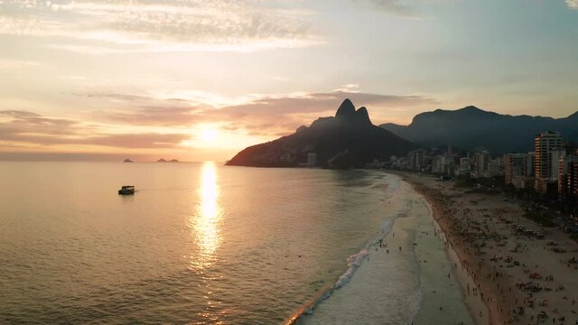 Aerial view of Rio de Janeiro at sunset, Brazil. Ipanema beach at sunset.