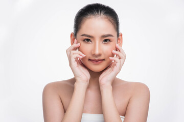 Beautiful woman, good looking face, touch her face.