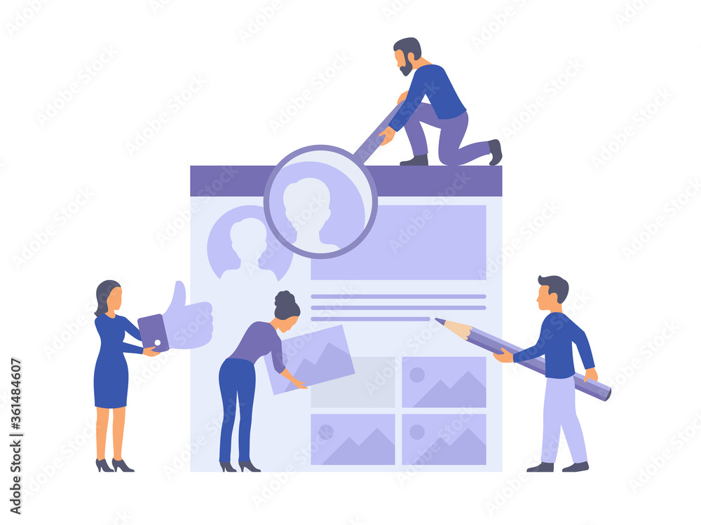 Wall mural social media management and promotion. working team and social network interface - vector concept
