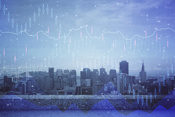 Forex graph on city view with skyscrapers background multi exposure. Financial analysis concept.
