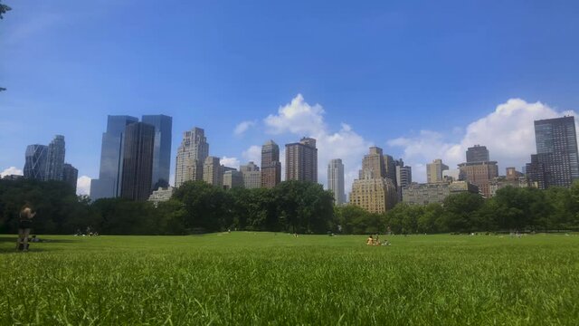 Time-lapse of manhattan skyline cloud with central park grass field NYC