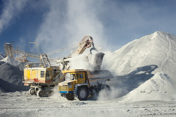 Mining excavator and heavy mining truck during loading in a cloud of dust on the background of the equipment of the mining enterprise in sunny weather. Mining industry.