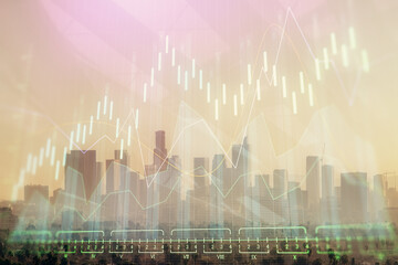 Forex chart on cityscape with skyscrapers wallpaper double exposure. Financial research concept.