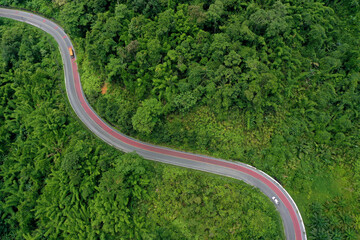 Road winding through forest from aerial drone 