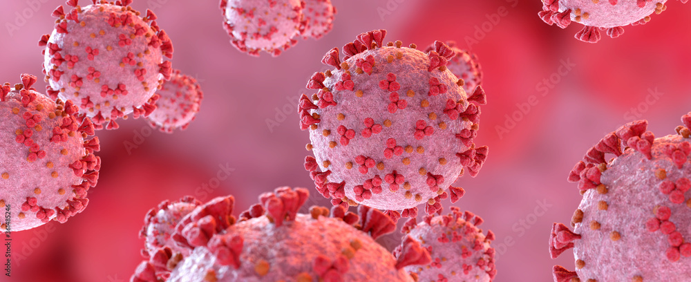 Poster microscopic close-up of the covid-19 disease. coronavirus illness spreading in body cell. 2019-ncov 