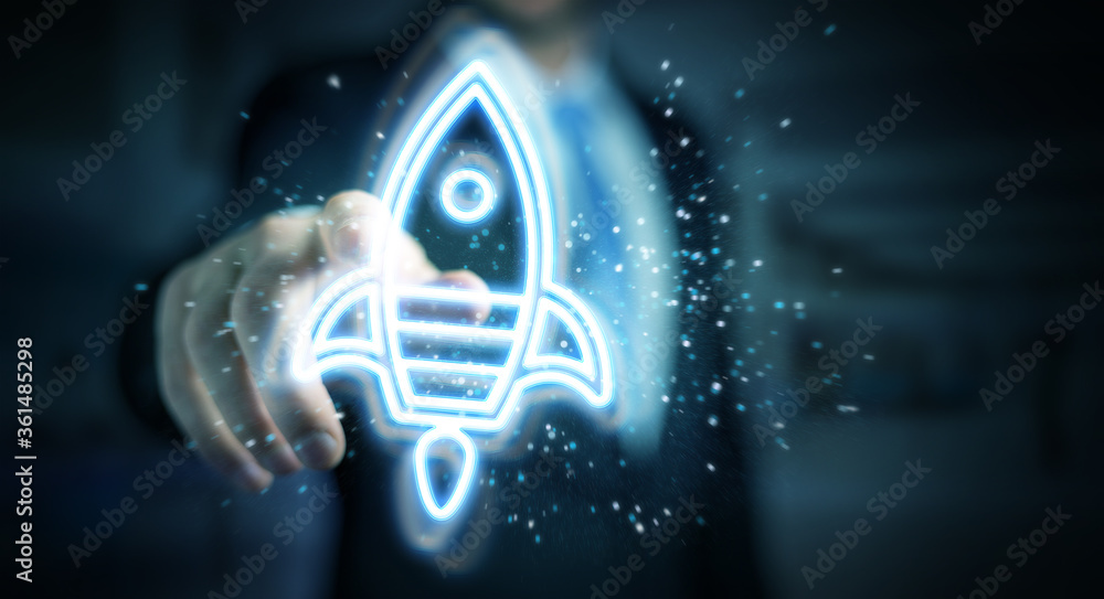 Poster Man using startup digital neon interface 3D rendering