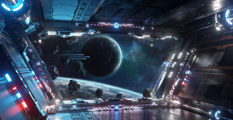 Blue and red futuristic spaceship interior with window view on planets 3d rendering