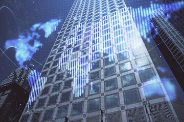 Plakat Double exposure of business theme hologram drawing and city veiw background. Concept of success.