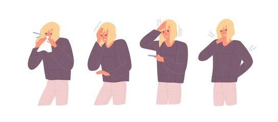 Set of unwell woman with influenza symptoms vector flat illustration. Female with headache and body stiffness, measuring temperature, blow nose isolated on white. Girl with respiratory disease