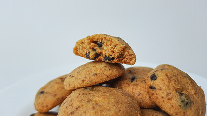 Homemade chocolate chip cookies. Isolated in white background.