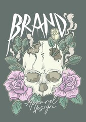 Apparel design with classic skull and roses surrounded