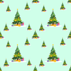 Christmas Tree with gift box on ground and many colorful lamp light on tree with yellow light line, Pattern Seamless
