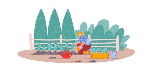 Planting vegetables. Isolated gardener man person cartoon character farming, gardening and planting vegetables in farm garden. Vector agriculture and nature concept