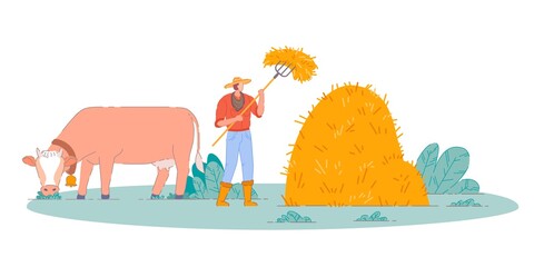 Farmer making farm hay. Isolated person cartoon character making haystack with pitchfork and cow on field. Farmer man making farm hay harvest. Vector countryside agriculture, rural farmland