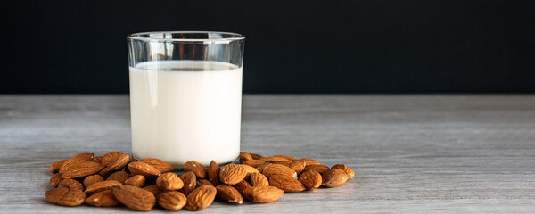 Banner with non dairy alternative milk, vegan almond milk 