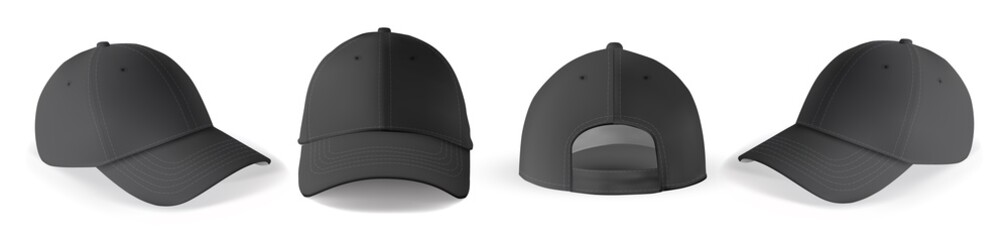 Cap mockup set. Isolated realistic black baseball cap hat templates. Front, back and angle view of adult man caps mockup collection. Vector sport uniform headwear clothing fashion mock up