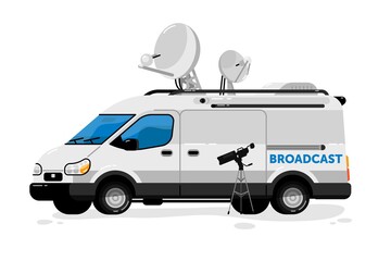Naklejka premium Broadcasting van. Isolated media broadcasting communication transport and video camera. Television channel van auto vehicle with satellite antennas press equipment for live breaking news broadcast