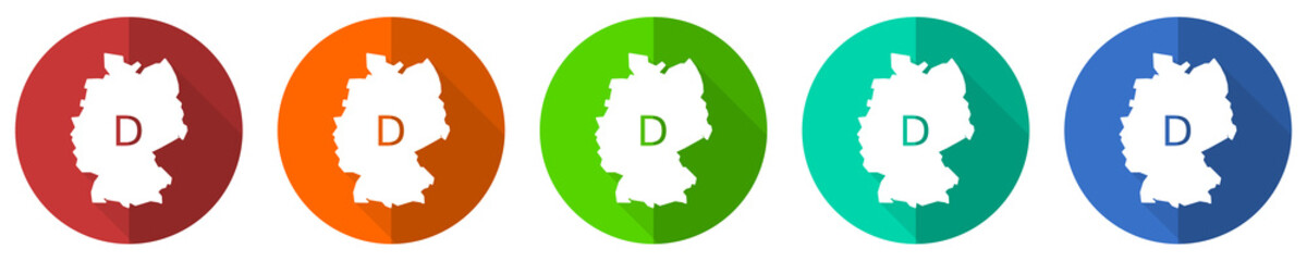 Map of Germany icon set, red, blue, green and orange flat design web buttons isolated on white background, vector illustration