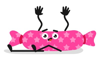 Candy shaped gift box. Isolated funny present object packaging with scared face icon. Pink gift box cartoon character sitting and raising hands. Holiday celebration decoration