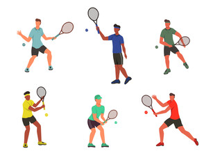 Fototapeta na wymiar Young men play tennis. A set of flat characters isolated on a white background. Vector illustration
