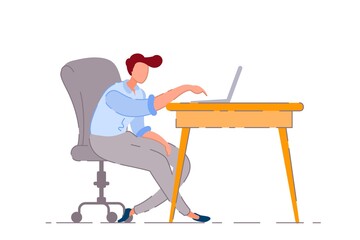Fototapeta premium Bored worker. Isolated bored lazy business man worker cartoon character working and typing lazily on laptop computer at office desk. Vector laziness, boredom and boring work concept