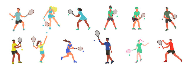 Fototapeta na wymiar Young men and women play tennis. A set of flat characters isolated on a white background. Vector illustration